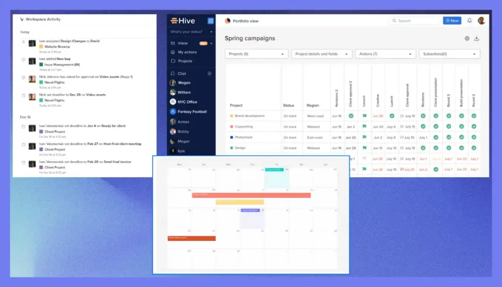 Hive-Workspace Activity and Team Schedule.