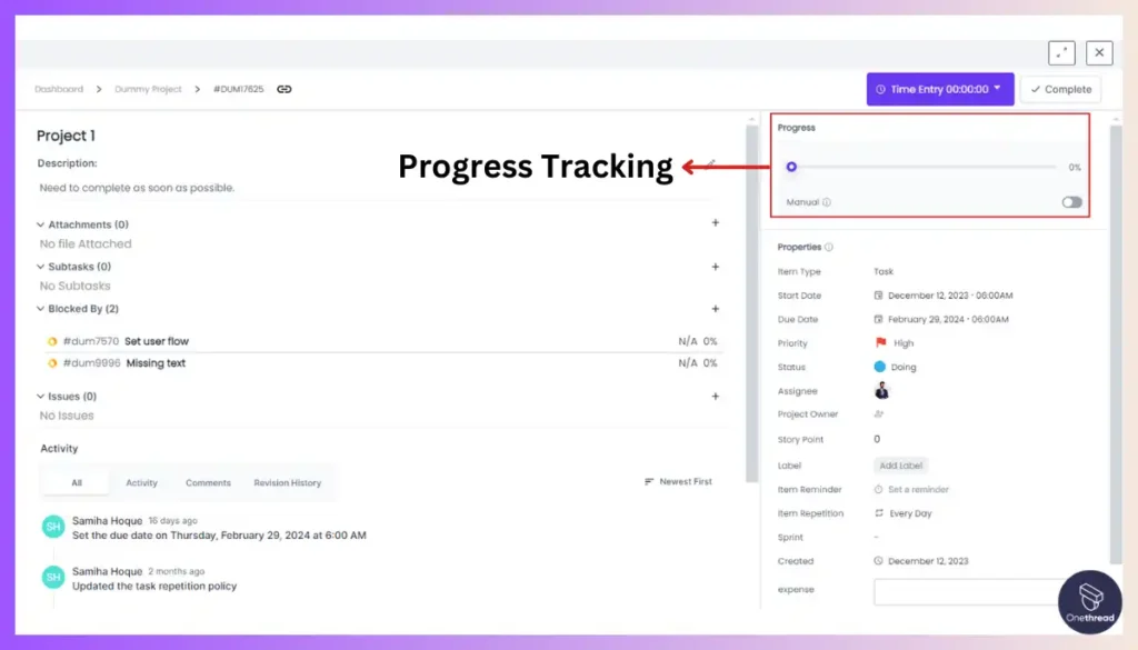 Onethread-Progress Tracking