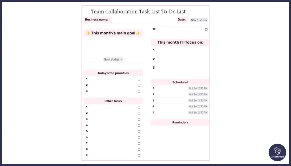 Team Collaboration Task List