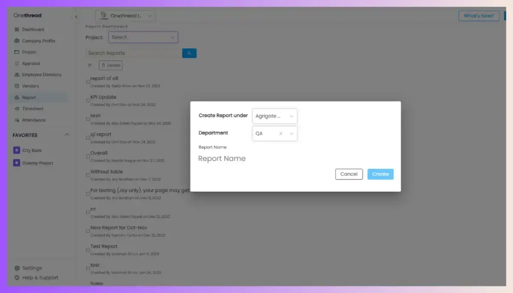 Onethread-Custom Report