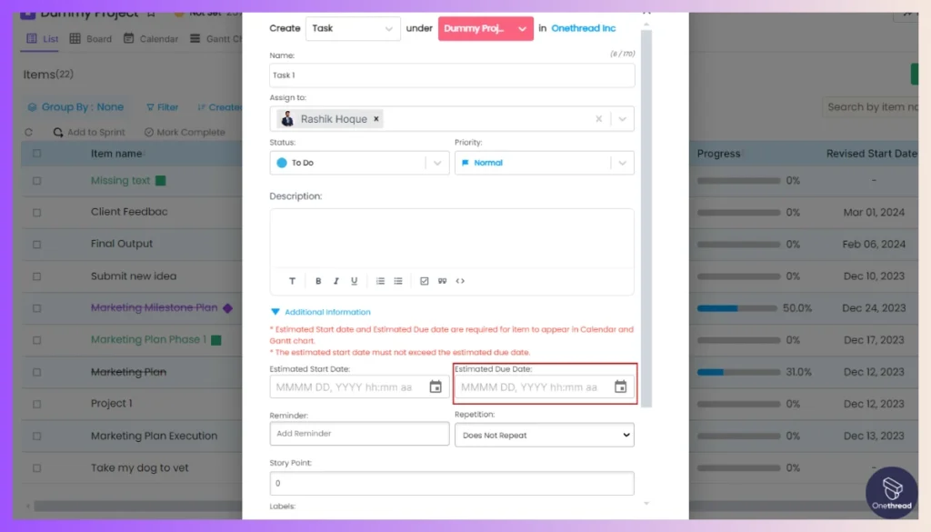 Onethread-Assign Due Dates