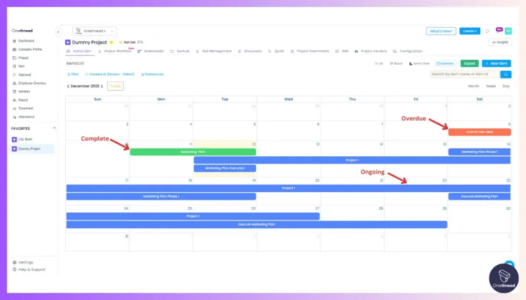 Onethread-Calendar-Project Tracking