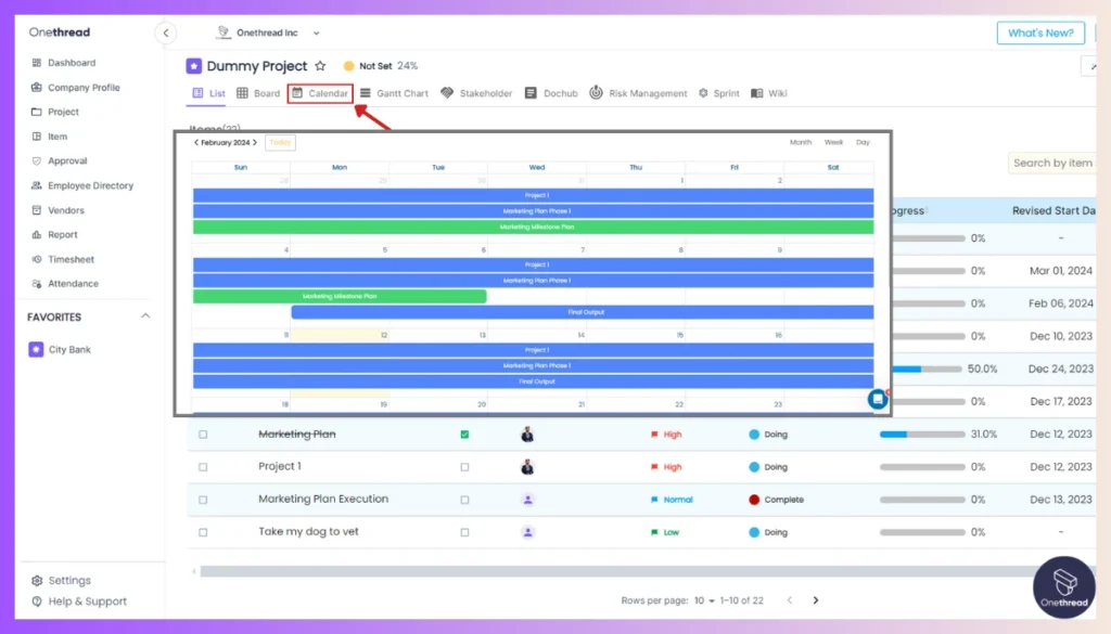 Onethread-Calendar View