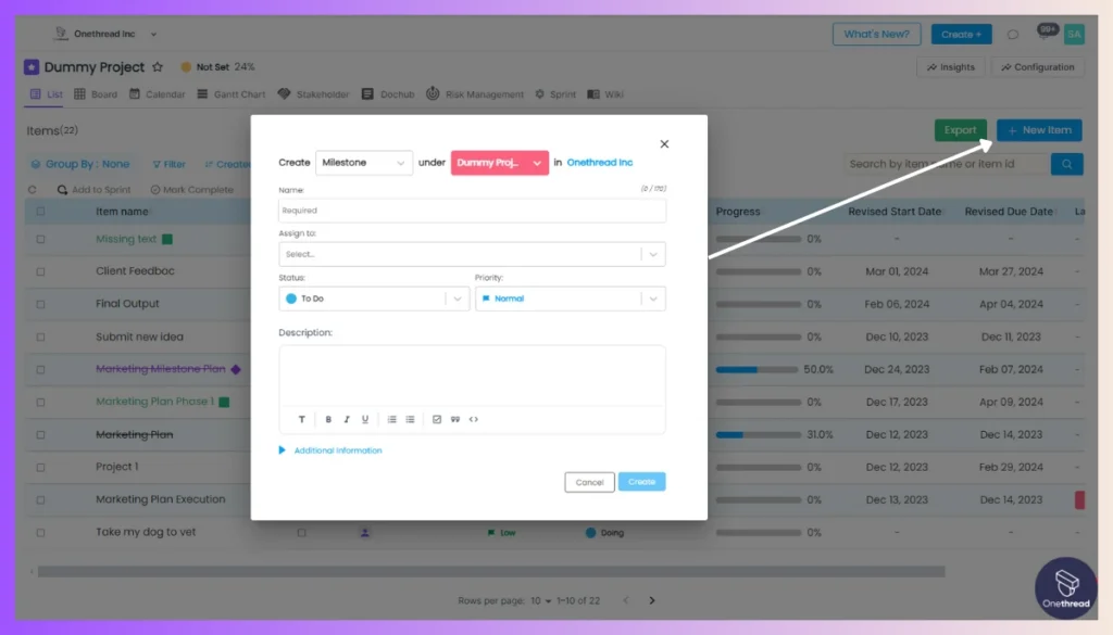 Onethread-Create Milestones