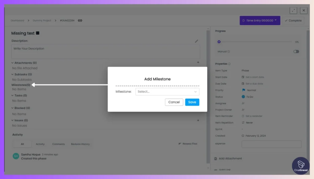 Onethread-Add Milestones