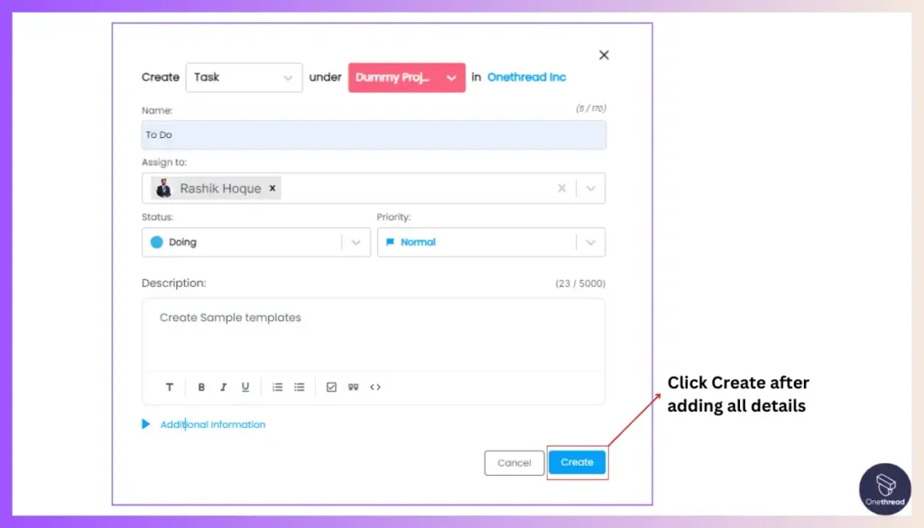 Onethread-Click Create after adding all details