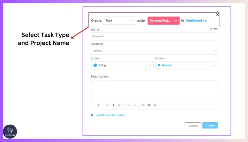 Onethread-Select Task Type and Project Name