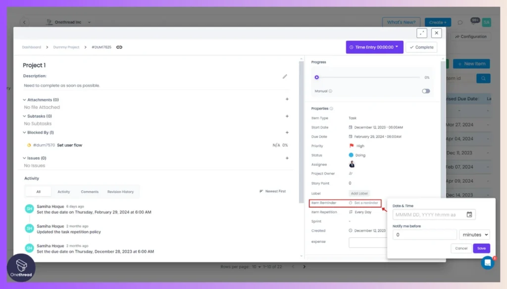 Onethread-Set Reminders