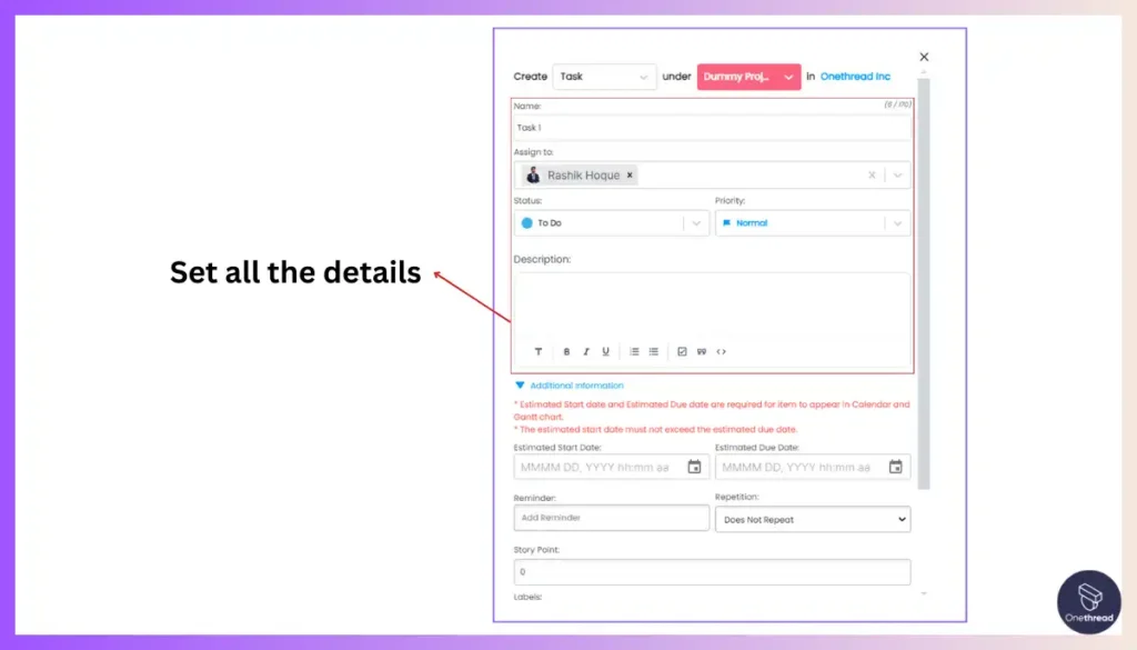 Onethread-Set all the details